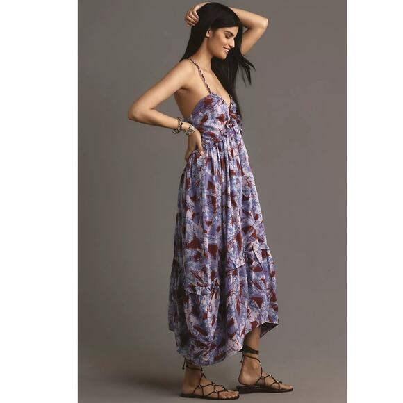 NWT By Anthropologie Sleeveless V-Neck A-Line Midi Dress $228 LARGE Blue Motif - Picture 3 of 5